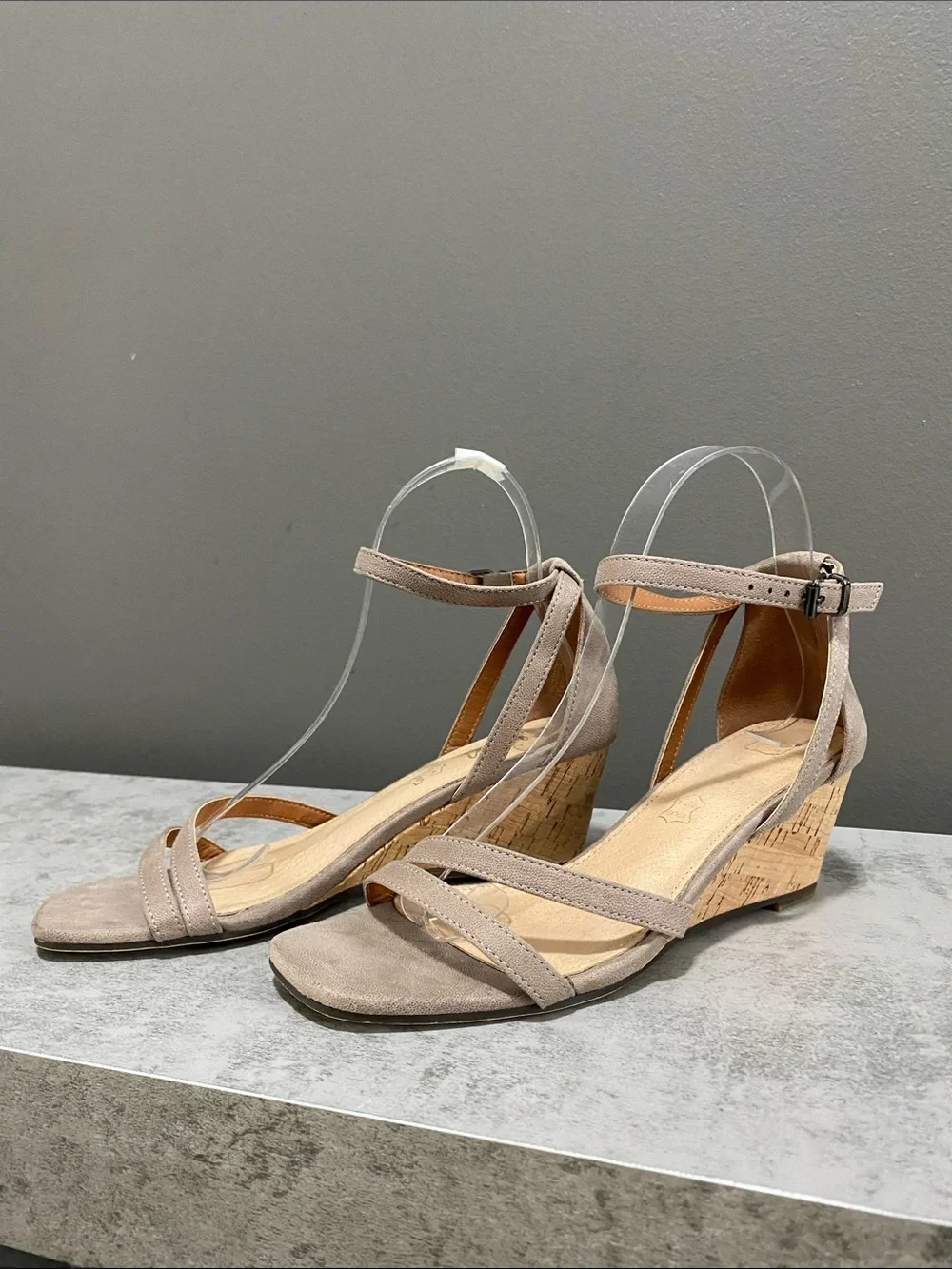 Mi.iM Women's Leather Taupe Wedge Sandals with Ankle Strap Size 6